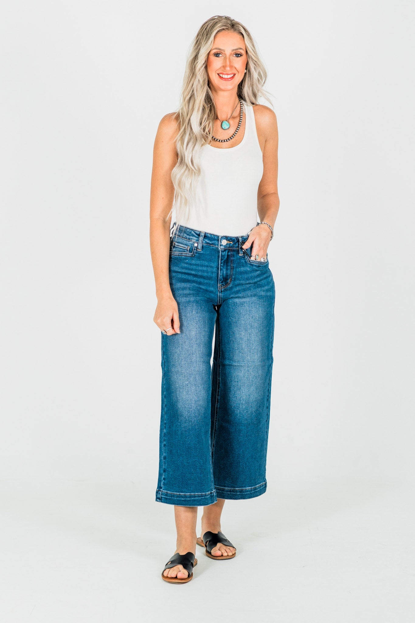 Judy Blue Cropped Wide Leg Mid - Rise Jeans With Wide Hems - Whiskey Skies - JUDY BLUE