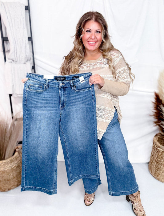 Judy Blue Cropped Wide Leg Mid - Rise Jeans With Wide Hems - Whiskey Skies - JUDY BLUE