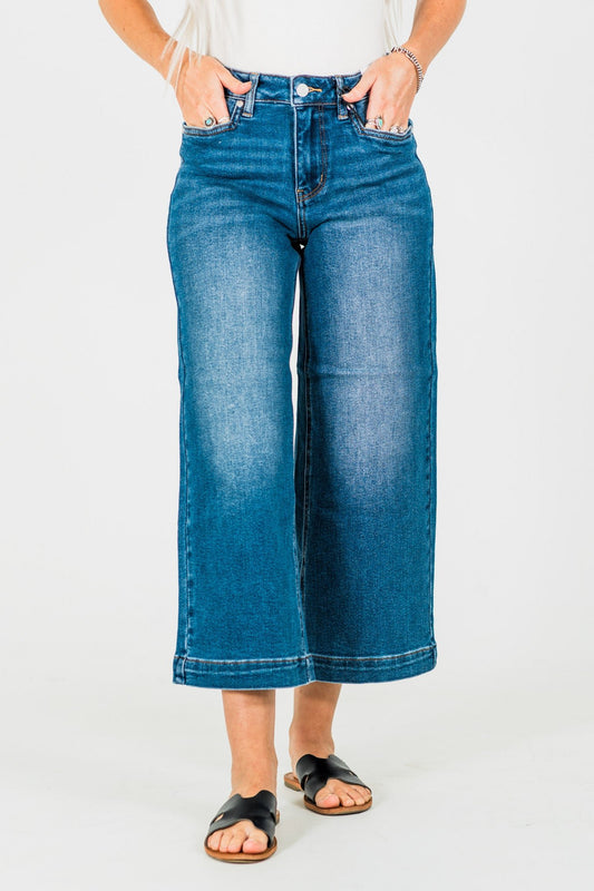 Judy Blue Cropped Wide Leg Mid - Rise Jeans With Wide Hems - Whiskey Skies - JUDY BLUE