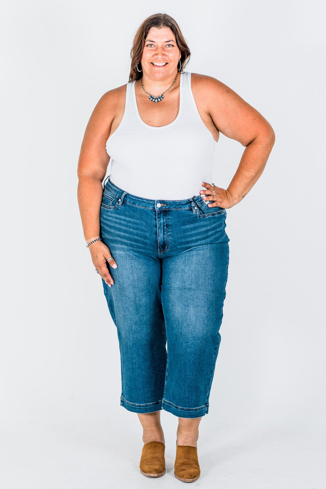 Judy Blue Cropped Wide Leg Mid - Rise Jeans With Wide Hems - Whiskey Skies - JUDY BLUE