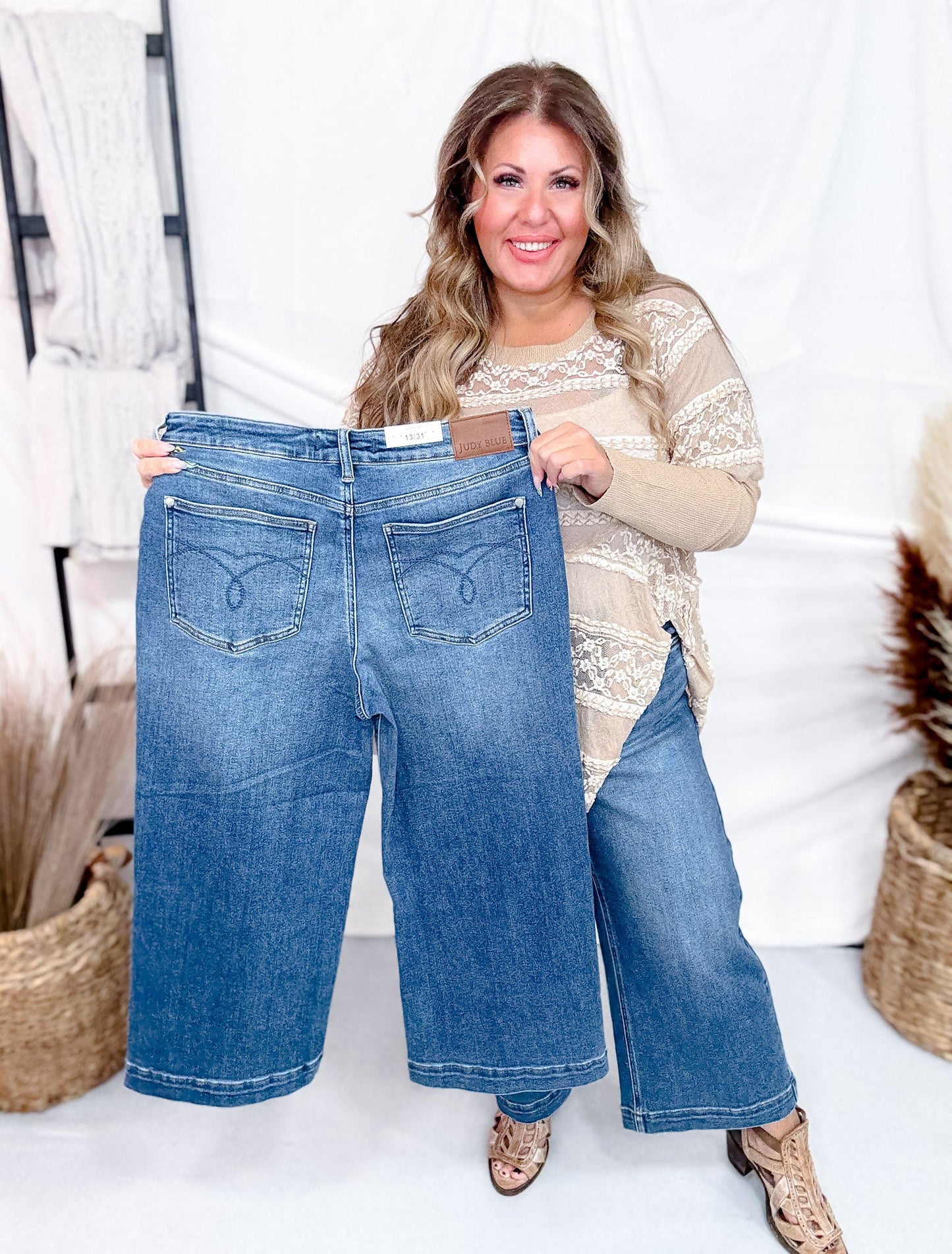 Judy Blue Cropped Wide Leg Mid - Rise Jeans With Wide Hems - Whiskey Skies - JUDY BLUE