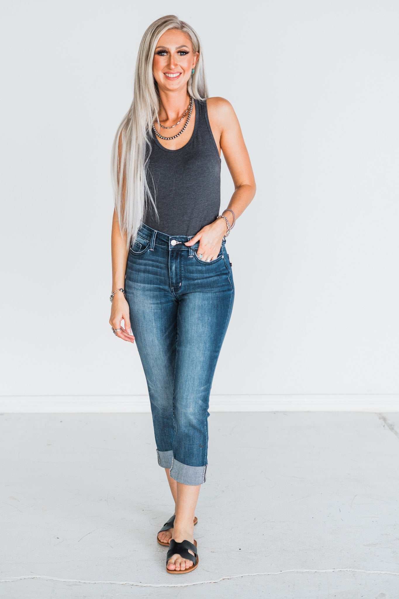 Judy Blue Dark Wash Cuffed Denim Capris - Whiskey Skies - JUDY BLUE