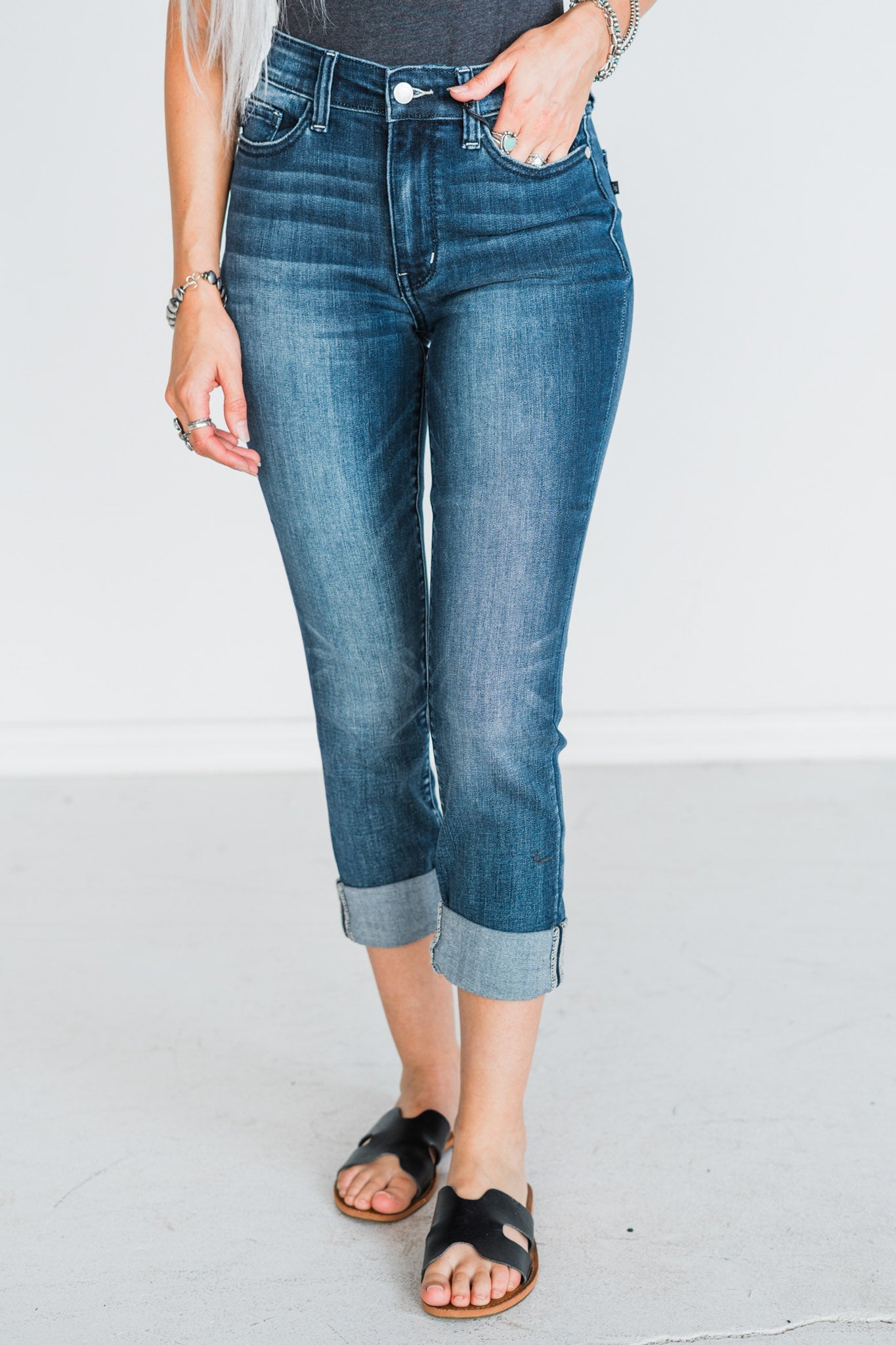 Judy Blue Dark Wash Cuffed Denim Capris Whiskey Skies