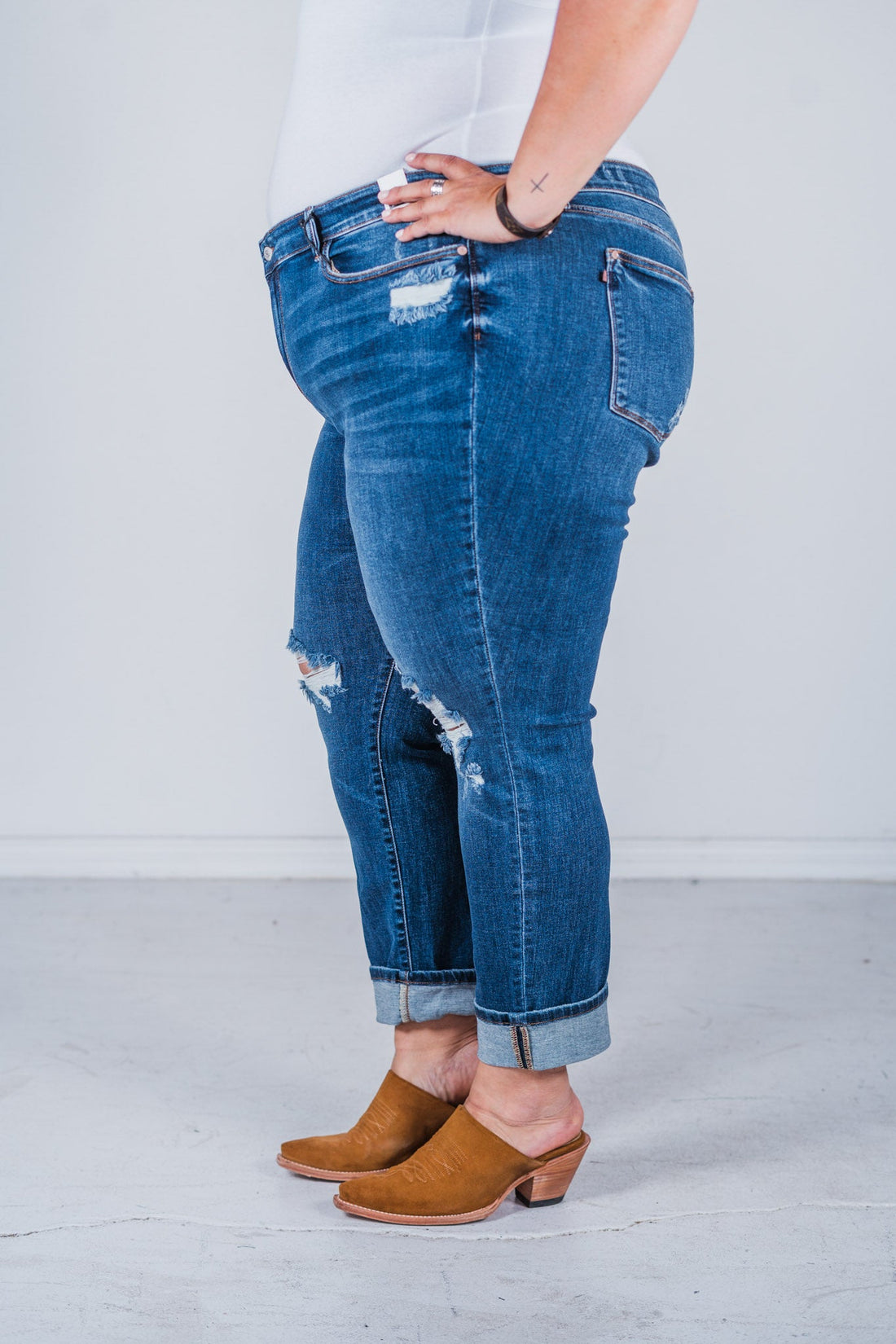 Judy Blue Distressed Cell Phone Pocket Mid Rise Cuffed Boyfriend Jeans - Whiskey Skies - JUDY BLUE