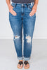 Judy Blue Distressed Cell Phone Pocket Mid Rise Cuffed Boyfriend Jeans - Whiskey Skies - JUDY BLUE
