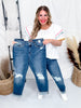 Judy Blue Distressed Cell Phone Pocket Mid Rise Cuffed Boyfriend Jeans - Whiskey Skies - JUDY BLUE
