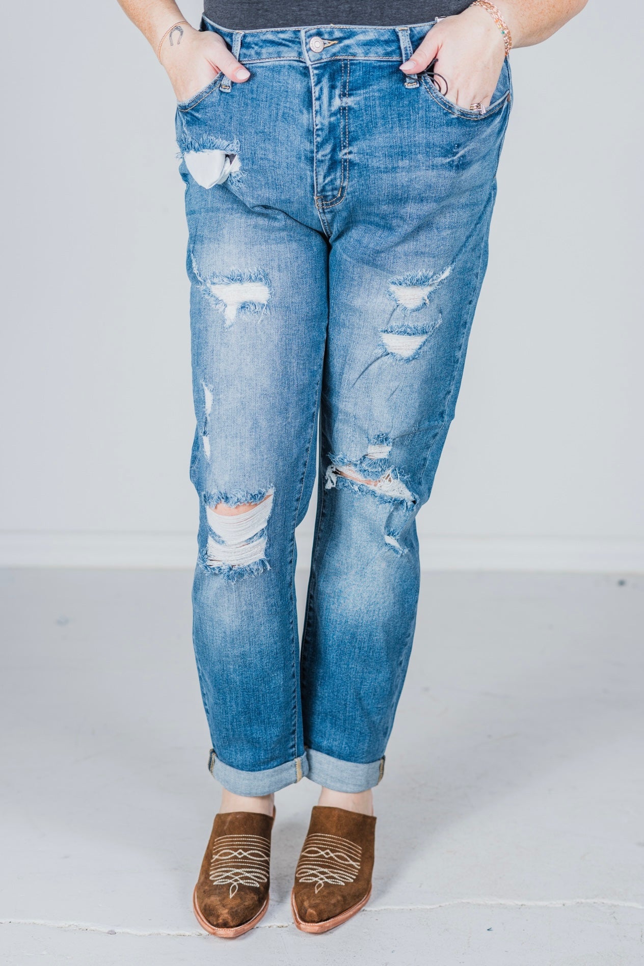 Judy Blue Distressed High - Rise Boyfriend Jeans - Whiskey Skies - JUDY BLUE