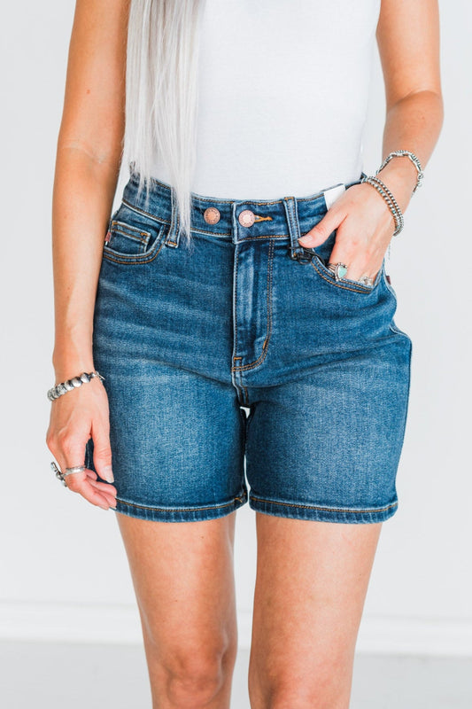 Judy Blue Double Button Mid Length Dad Shorts - Whiskey Skies - JUDY BLUE