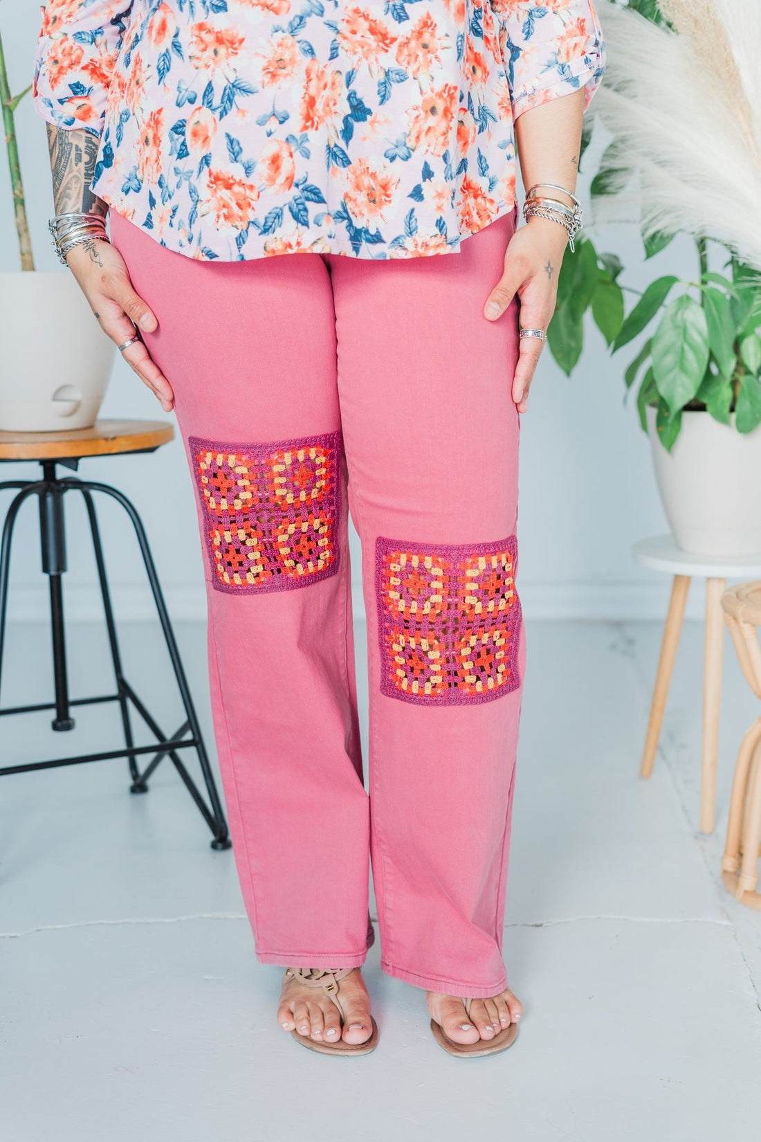Judy Blue Dusty Pink High Waist Crochet Patches Wide Leg Jeans - Whiskey Skies - JUDY BLUE