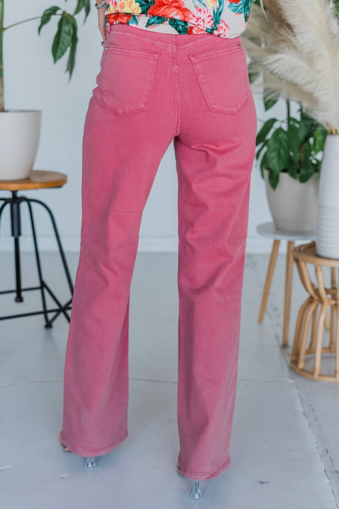 Judy Blue Dusty Pink High Waist Crochet Patches Wide Leg Jeans - Whiskey Skies - JUDY BLUE