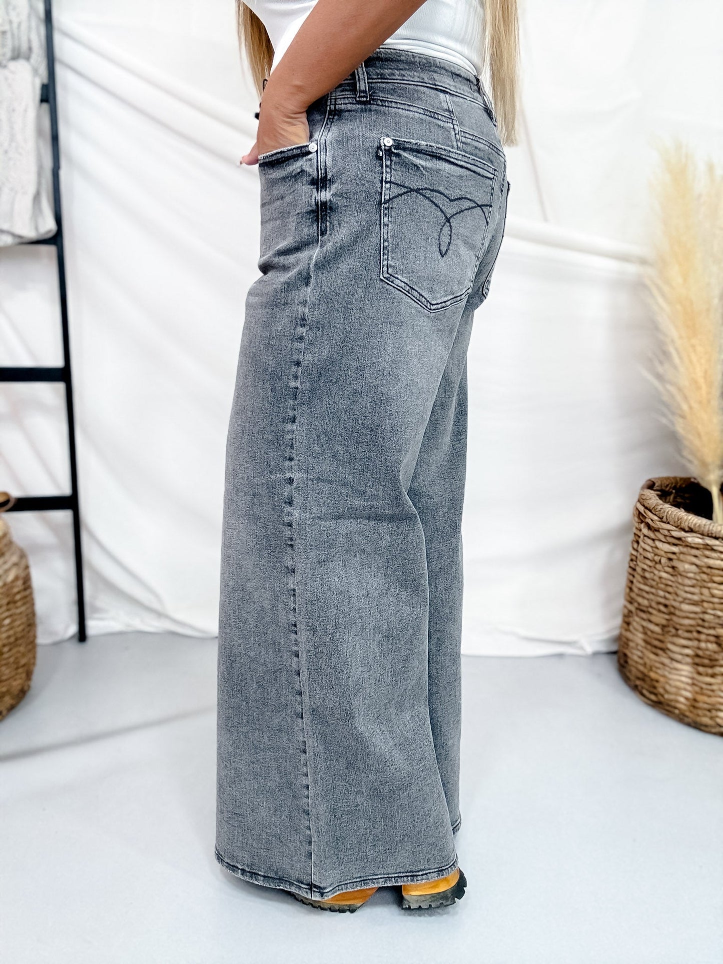 Judy Blue Faded Grey Mid Rise Palazzo Jeans W/ Split Back Yoke - Whiskey Skies - JUDY BLUE