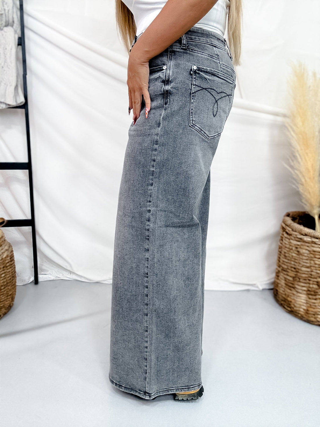 Judy Blue Faded Grey Mid Rise Palazzo Jeans W/ Split Back Yoke - Whiskey Skies - JUDY BLUE