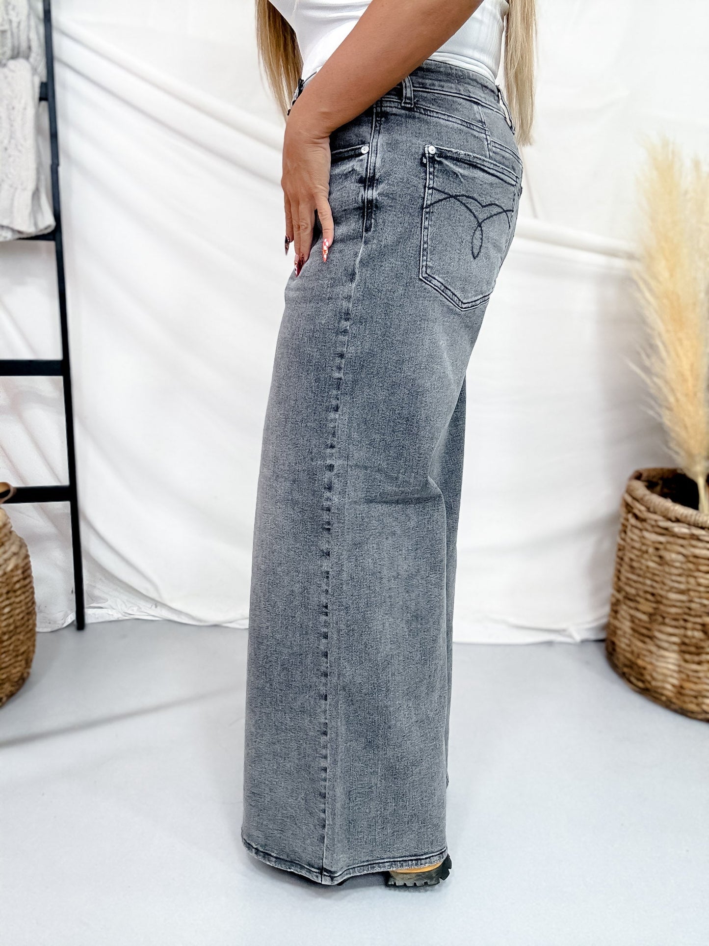 Judy Blue Faded Grey Mid Rise Palazzo Jeans W/ Split Back Yoke - Whiskey Skies - JUDY BLUE