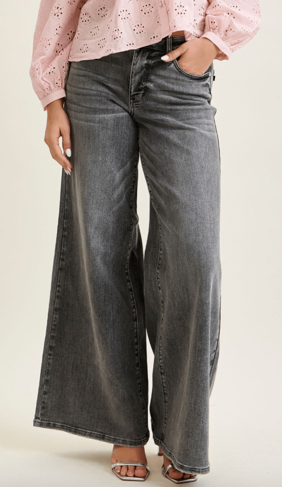 Judy Blue Faded Grey Mid Rise Palazzo Jeans W/ Split Back Yoke - Whiskey Skies - JUDY BLUE