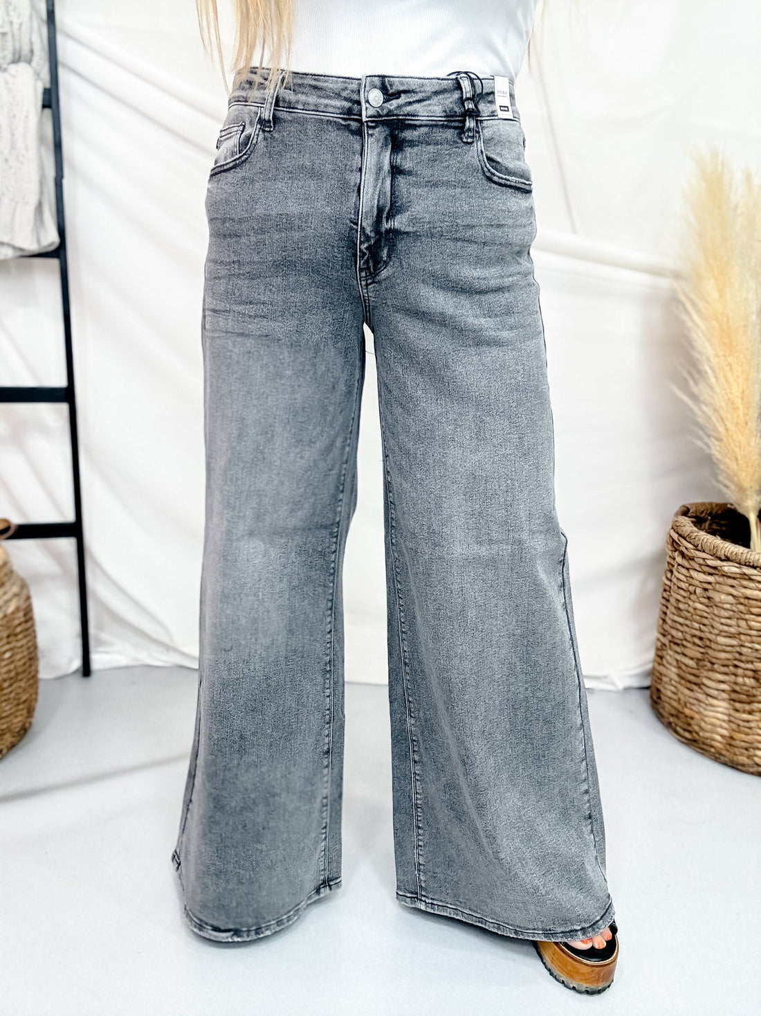 Judy Blue Faded Grey Mid Rise Palazzo Jeans W/ Split Back Yoke - Whiskey Skies - JUDY BLUE