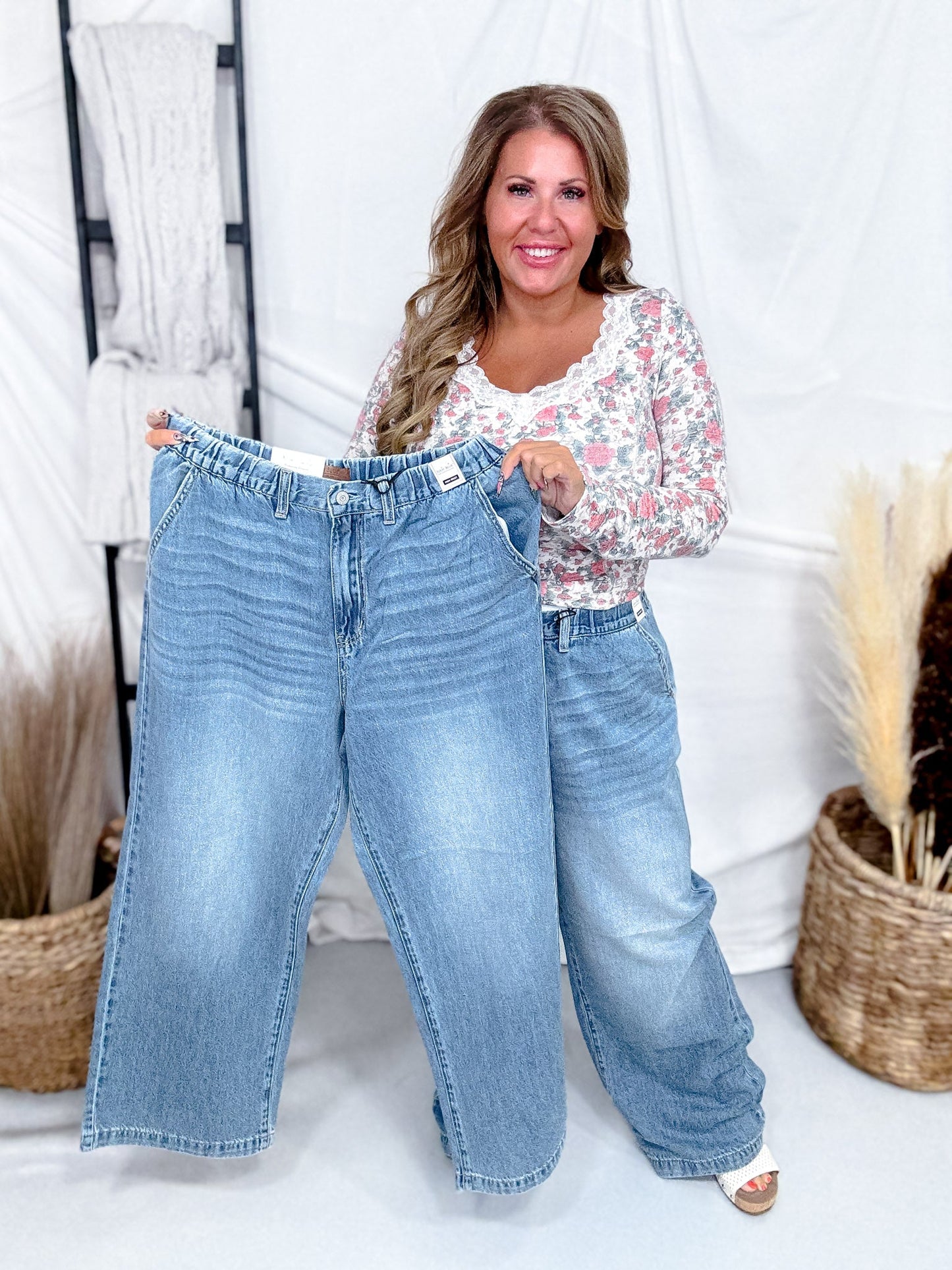 Judy Blue Featherweight Baggy Jeans W/ High Elastic Waist - Whiskey Skies - JUDY BLUE