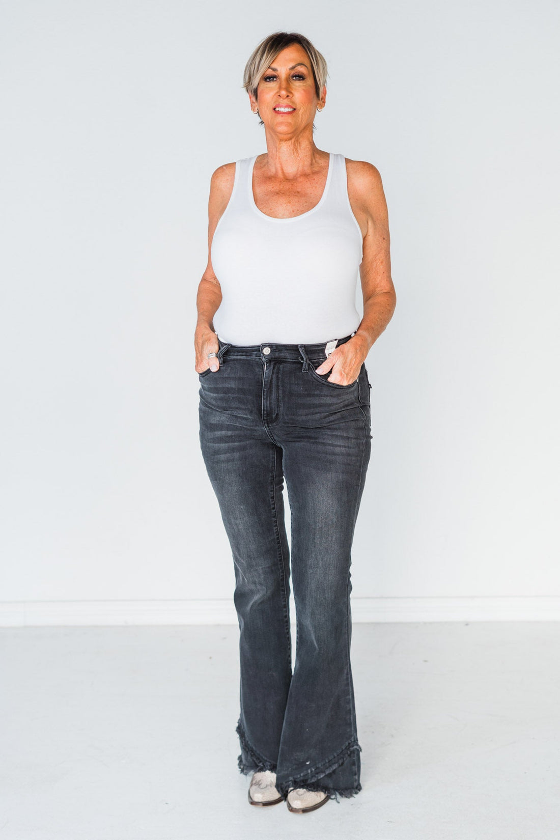 Judy Blue Flare Jeans with Frayed Tulip Hem - Whiskey Skies - JUDY BLUE
