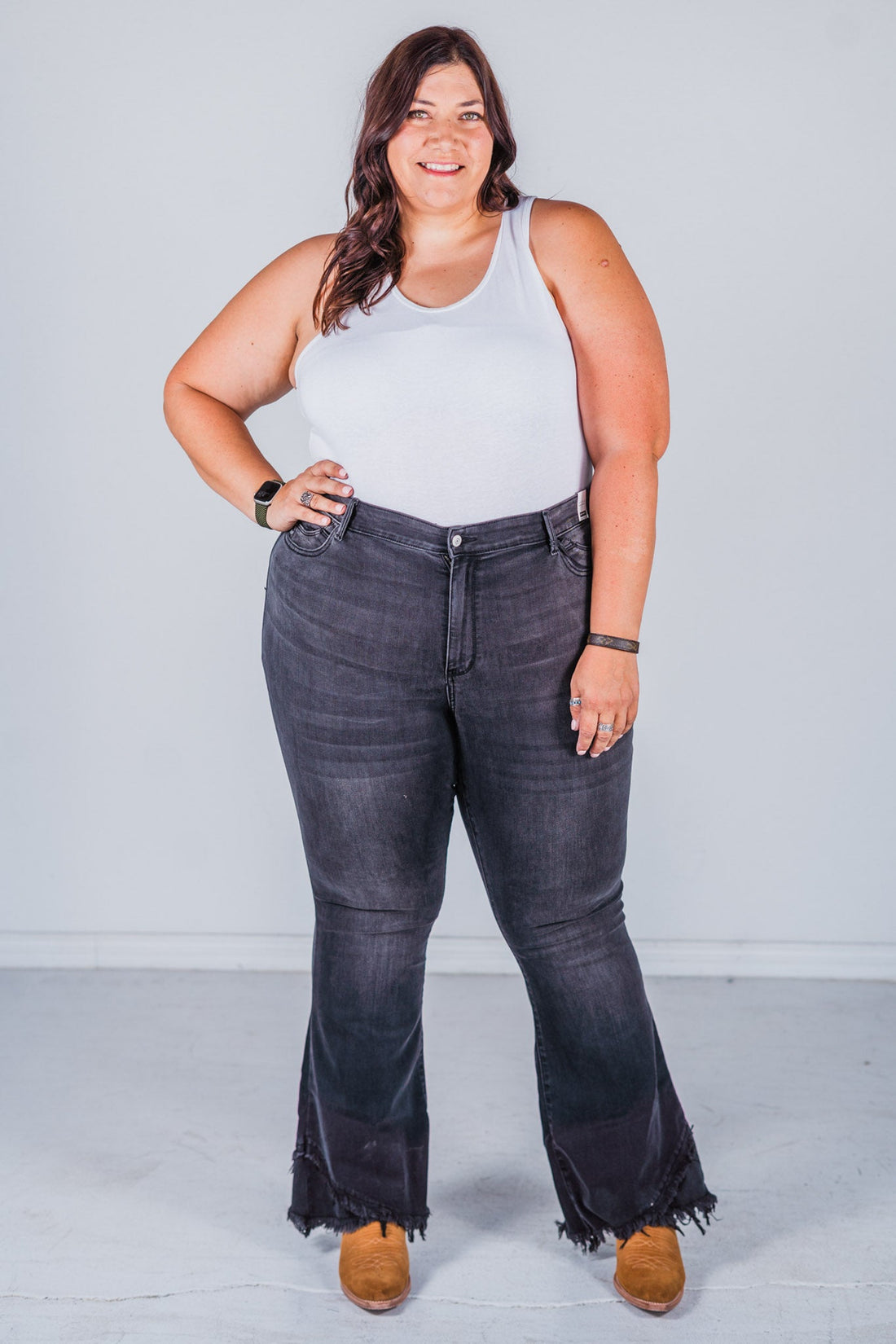 Judy Blue Flare Jeans with Frayed Tulip Hem - Whiskey Skies - JUDY BLUE