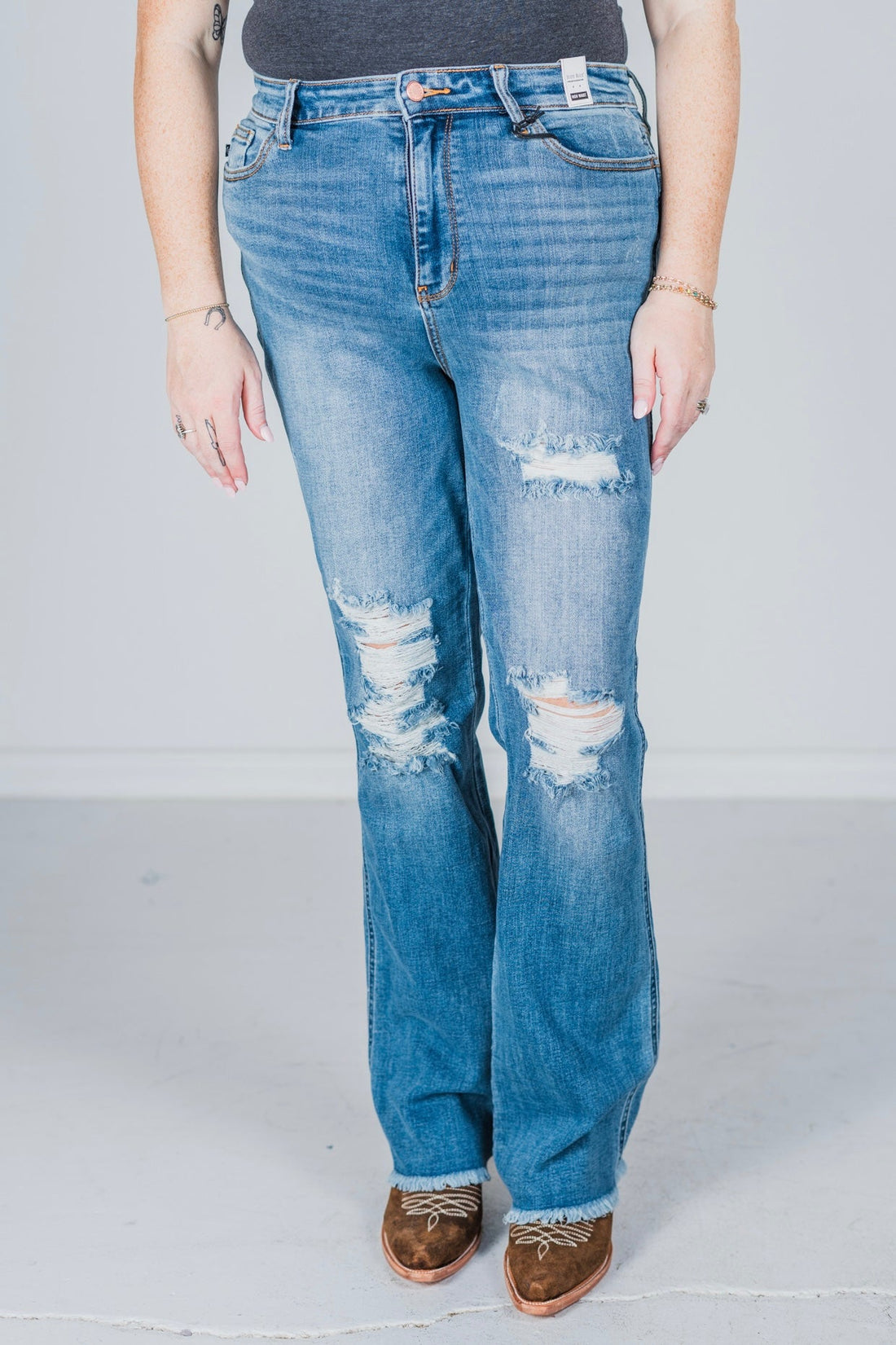 Judy Blue Fray Hem Destroy High Waisted Bootcut Jeans - Whiskey Skies - JUDY BLUE