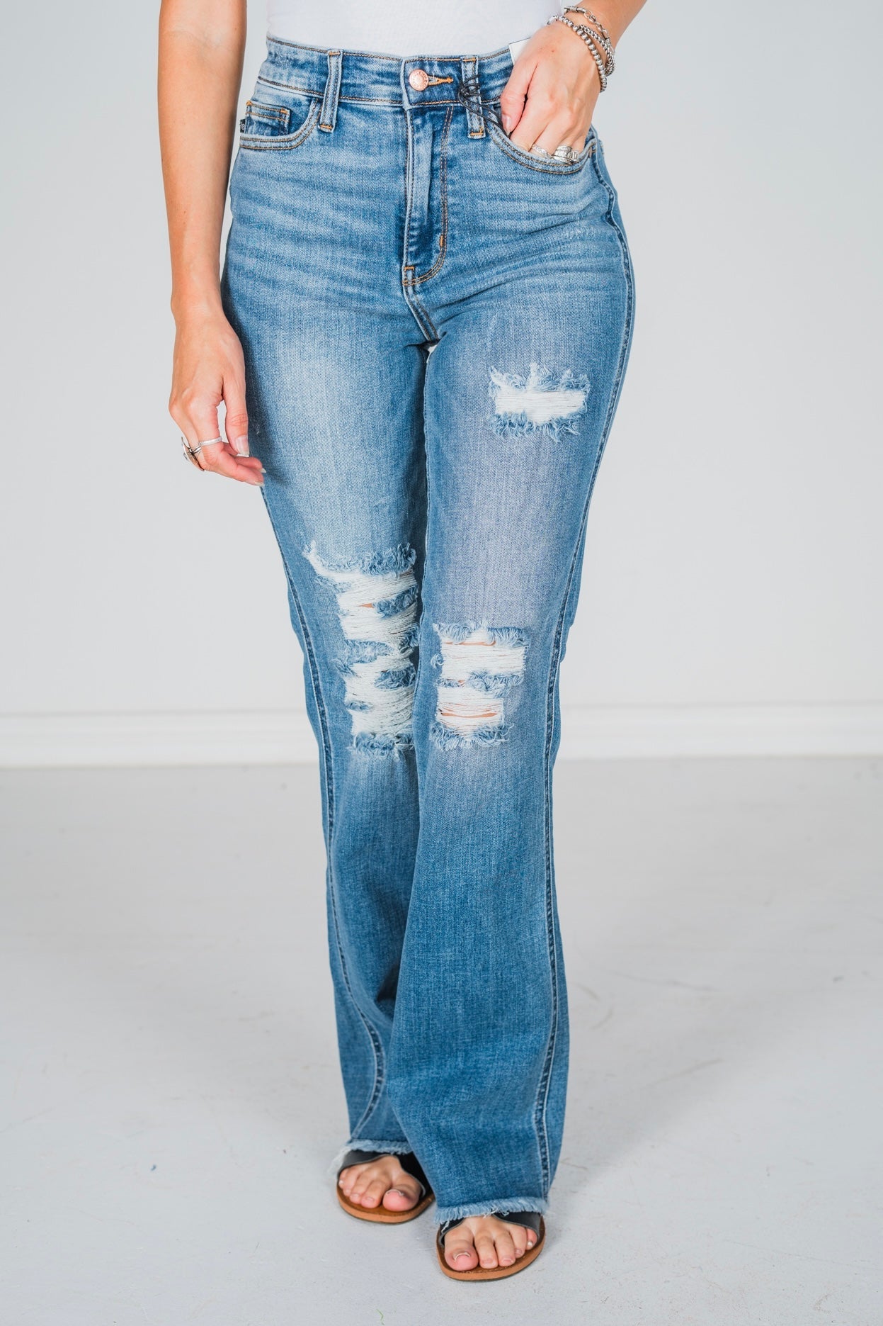 Judy Blue Fray Hem Destroy High Waisted Bootcut Jeans - Whiskey Skies - JUDY BLUE