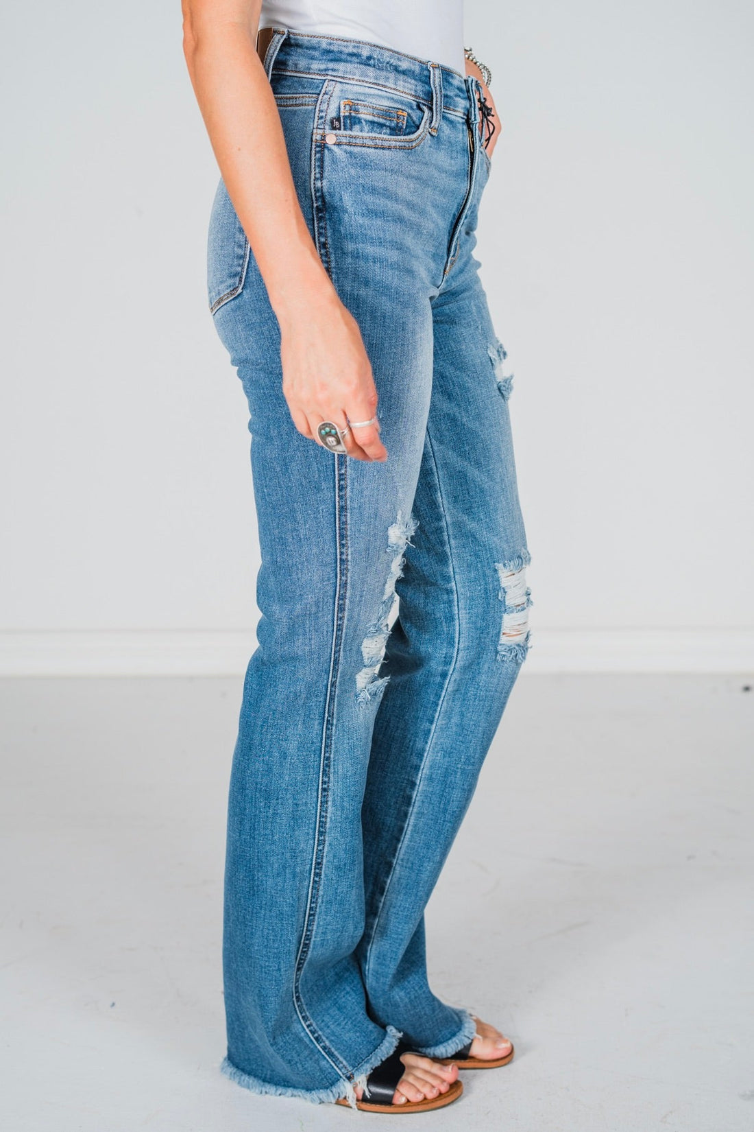 Judy Blue Fray Hem Destroy High Waisted Bootcut Jeans - Whiskey Skies - JUDY BLUE