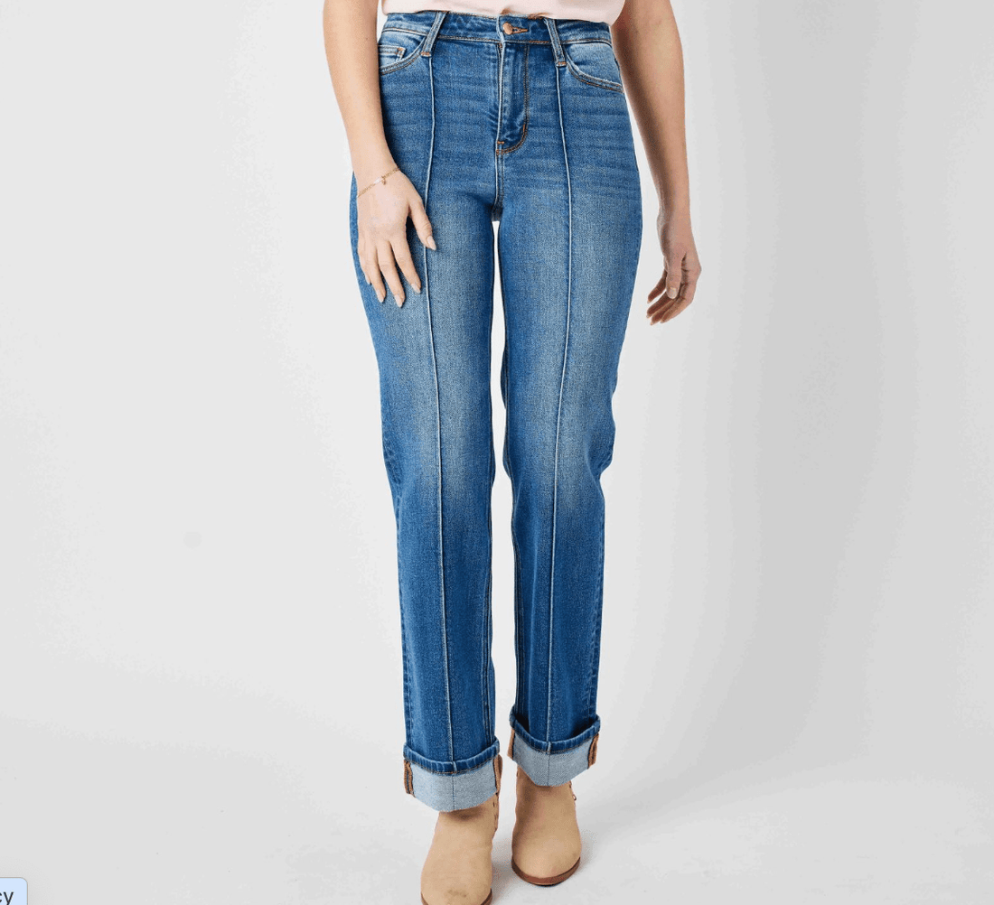 Judy Blue Front Seam Cuffed Straight Jeans - Whiskey Skies - JUDY BLUE