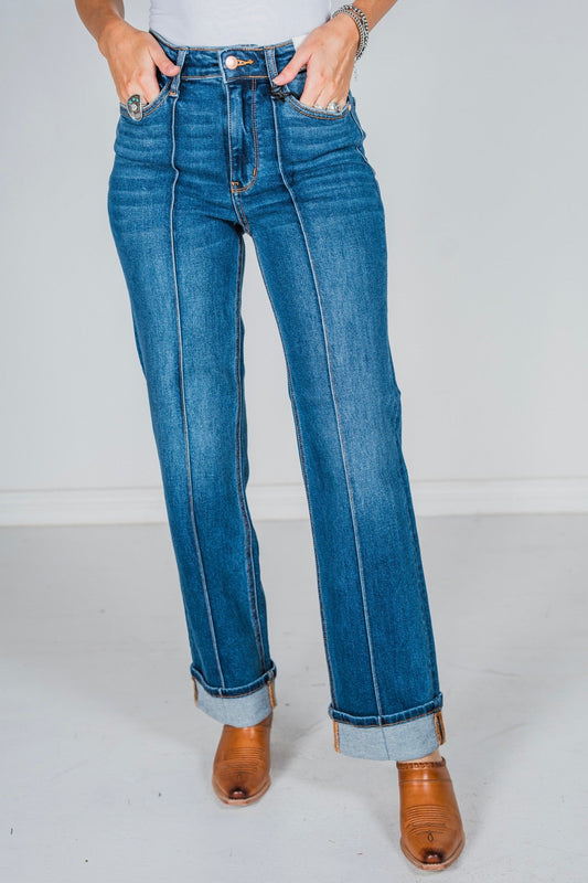 Judy Blue Front Seam Cuffed Straight Jeans - Whiskey Skies - JUDY BLUE