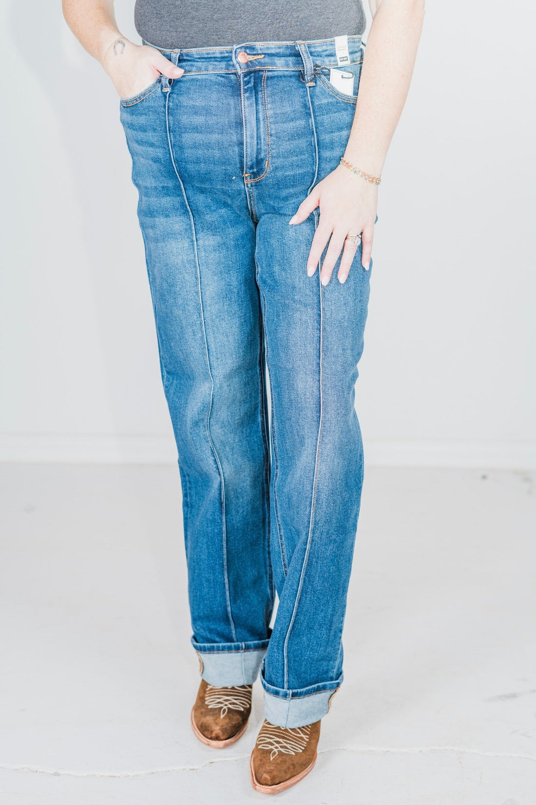 Judy Blue Front Seam Cuffed Straight Jeans - Whiskey Skies - JUDY BLUE