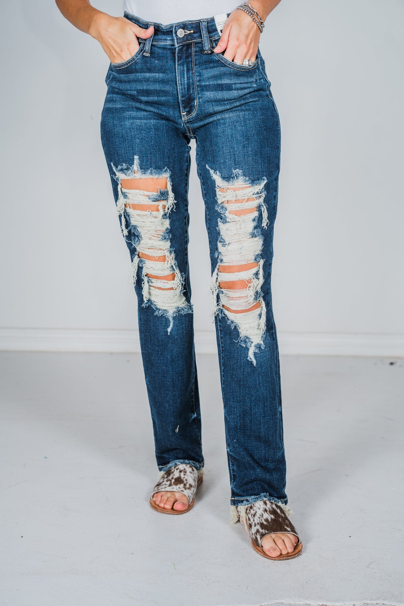 Judy Blue Heavy Destroy Straight Leg Jeans - Whiskey Skies - JUDY BLUE