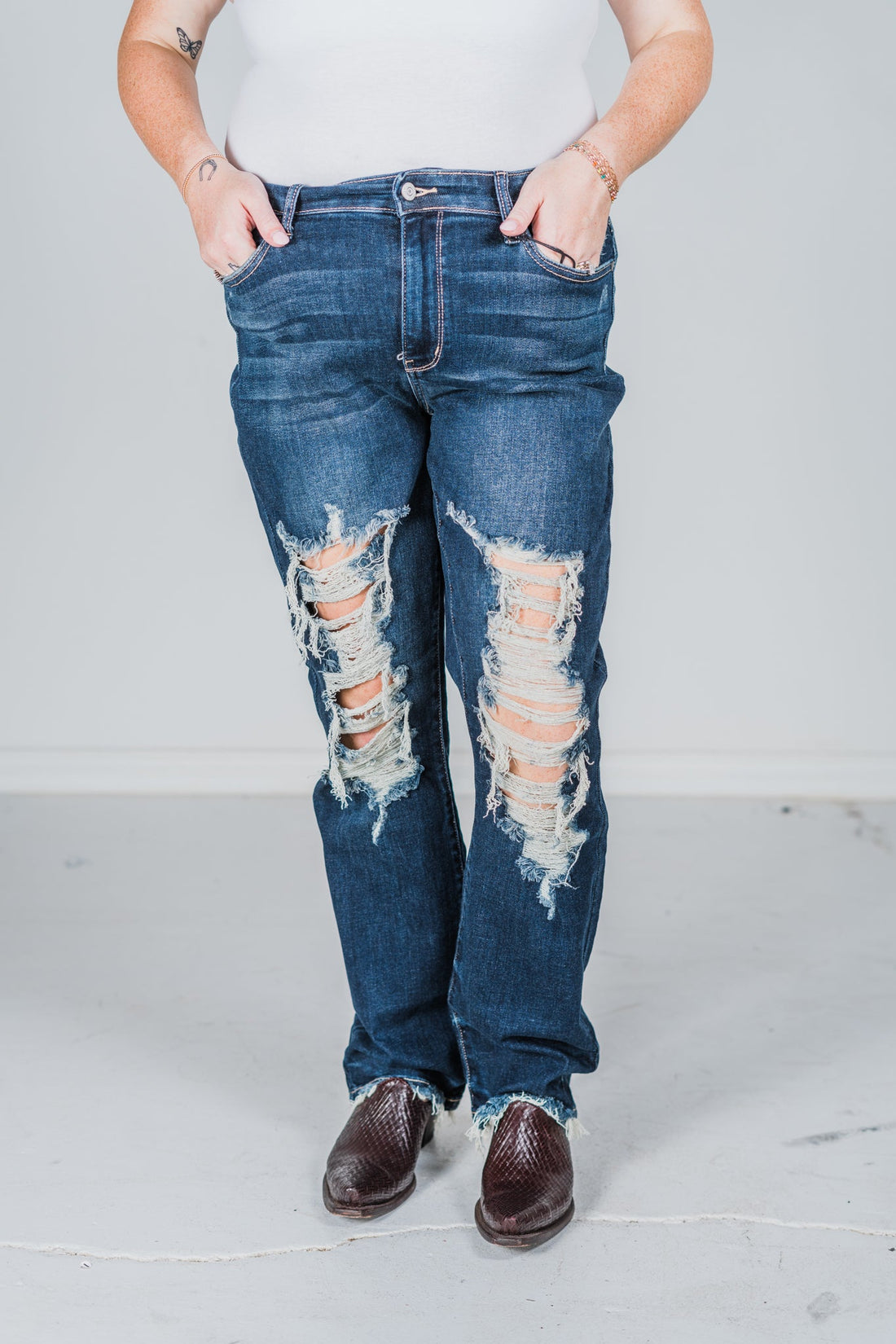 Judy Blue Heavy Destroy Straight Leg Jeans - Whiskey Skies - JUDY BLUE