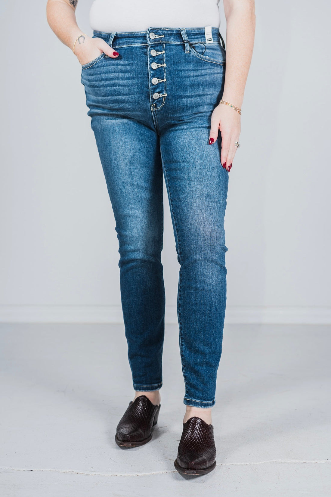 Judy Blue High Rise Button Fly Skinny Jeans - Whiskey Skies - JUDY BLUE