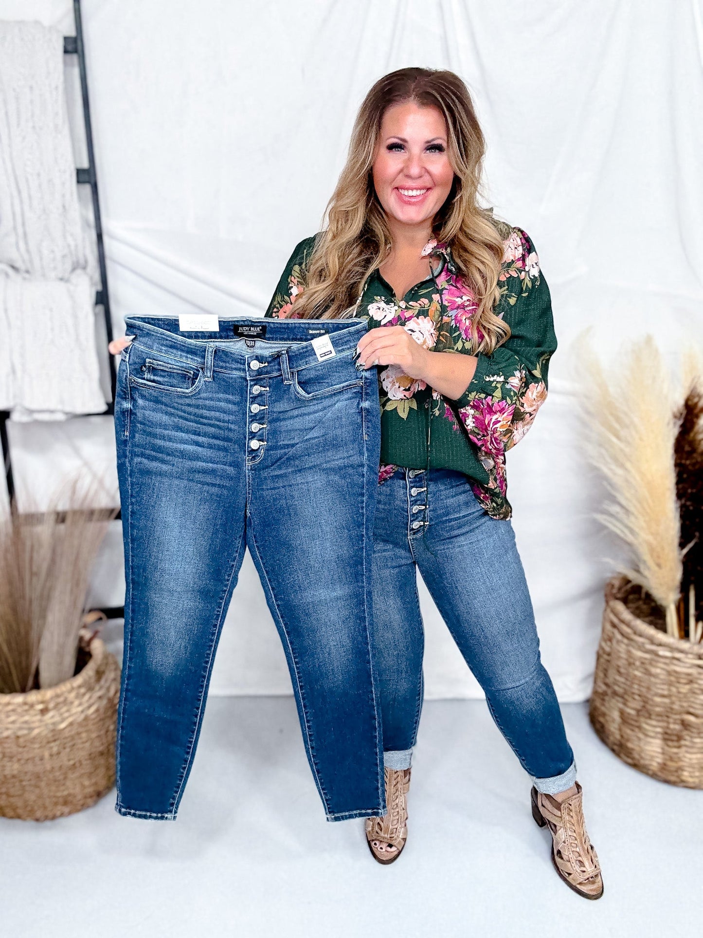 Judy Blue High Rise Button Fly Skinny Jeans - Whiskey Skies - JUDY BLUE