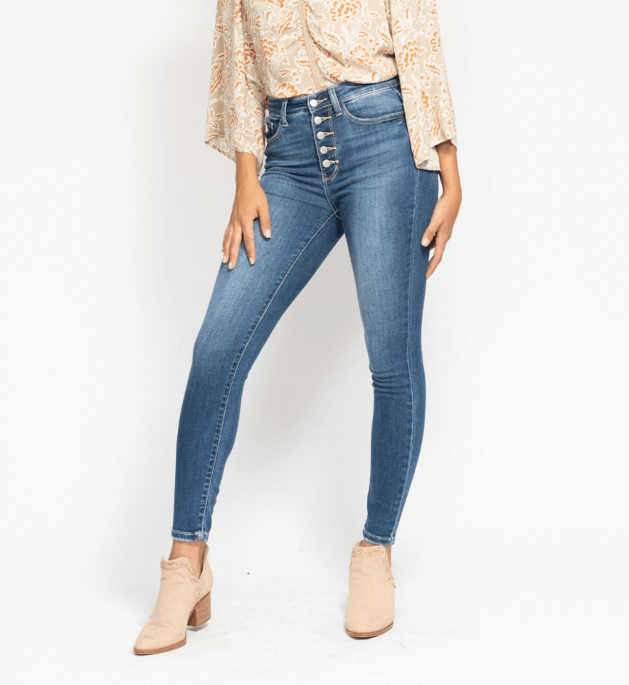 Judy Blue High Rise Button Fly Skinny Jeans - Whiskey Skies - JUDY BLUE