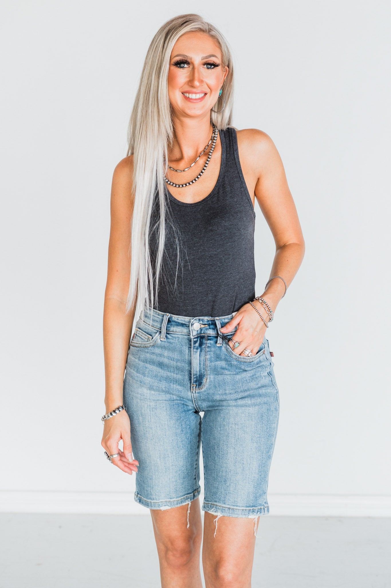 Judy Blue High - Rise Vintage Wash Bermuda Denim Shorts - Whiskey Skies - JUDY BLUE