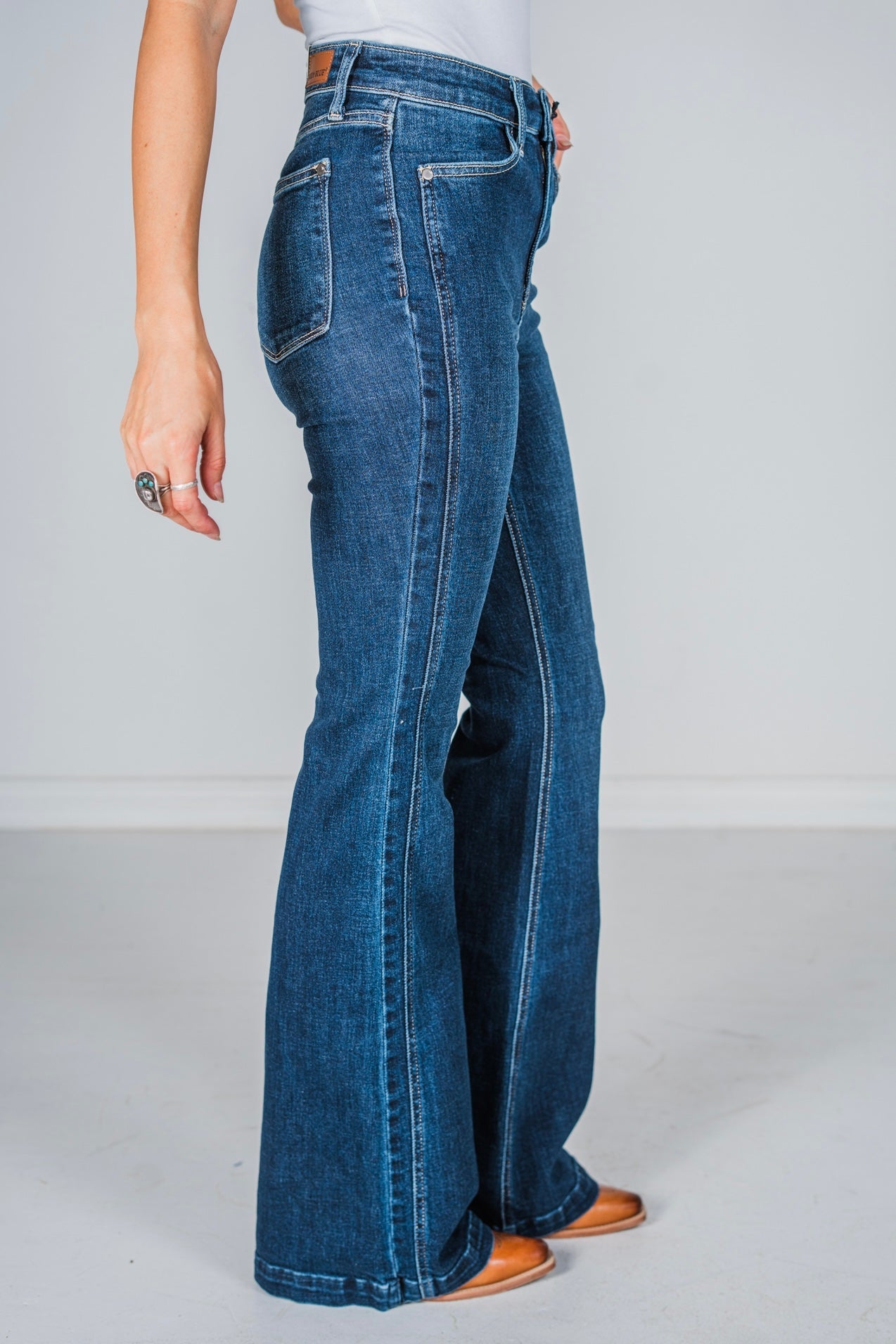 Judy Blue High Waist Angled Side Seam Detail Flares - Whiskey Skies - JUDY BLUE