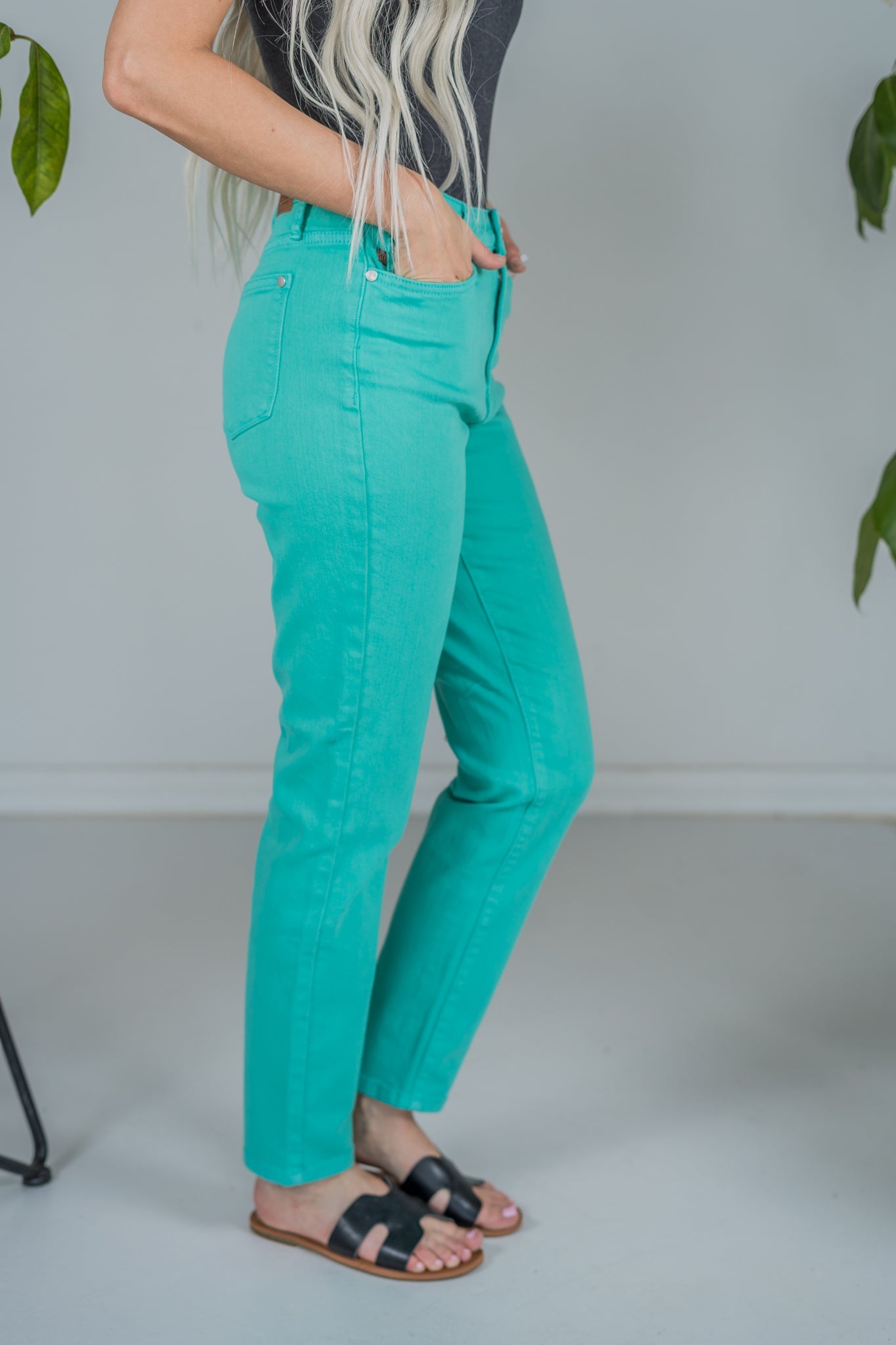 Judy Blue High Waist Aquamarine Garment Dyed Slim Jeans - Whiskey Skies - JUDY BLUE