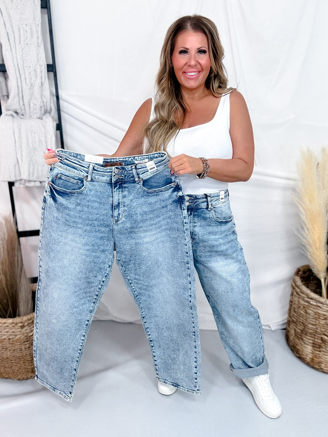 Judy Blue High Waist Arc Leg Jeans W/ Double Waistband - Whiskey Skies - JUDY BLUE