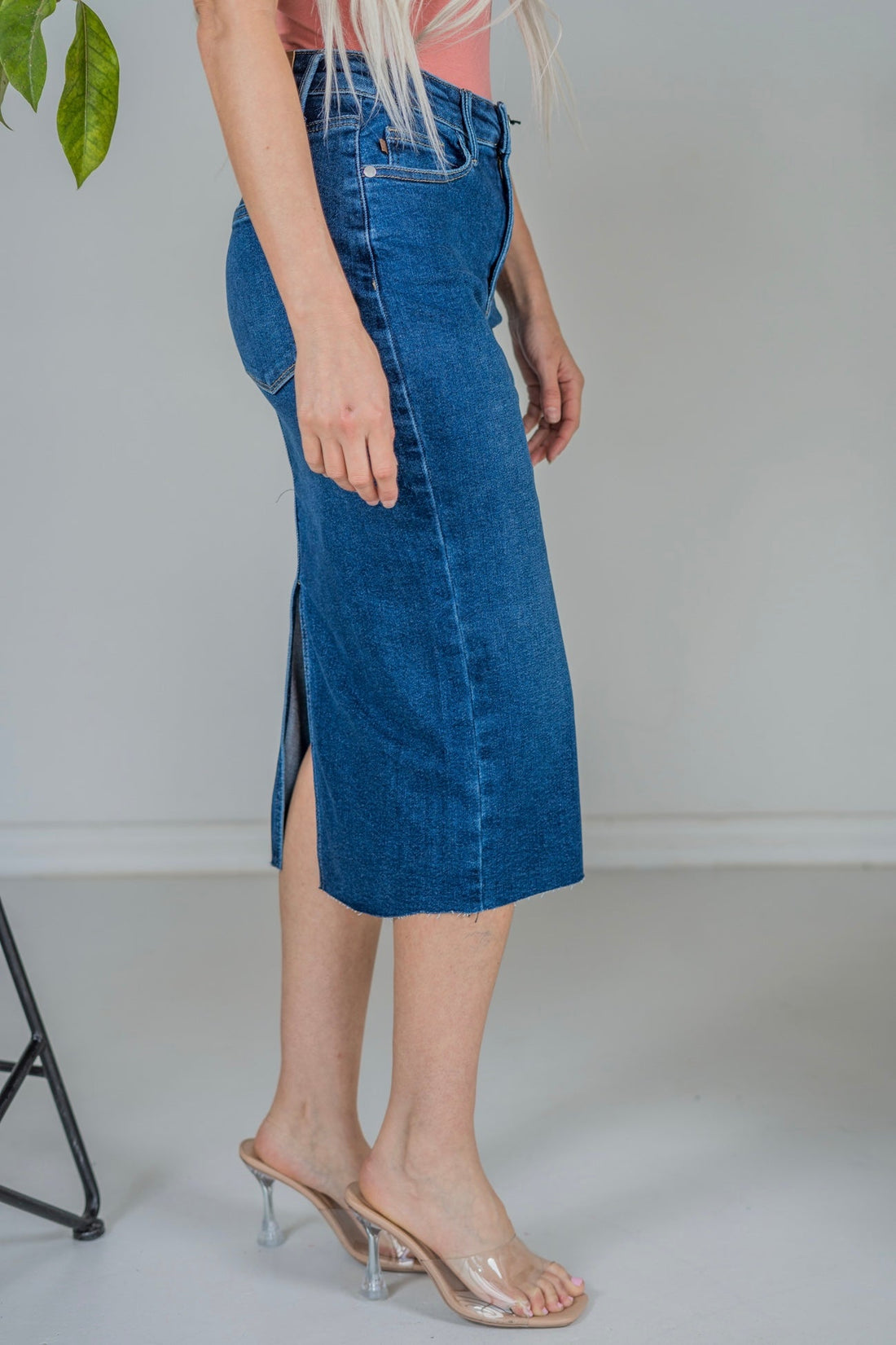 Judy Blue High Waist Back Slit Hem Mid Length Skirt - Whiskey Skies - JUDY BLUE