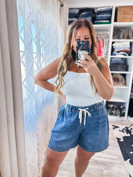 Judy Blue High - Waist Baggy Denim Featherweight Shorts W/ Drawstring - Whiskey Skies - JUDY BLUE