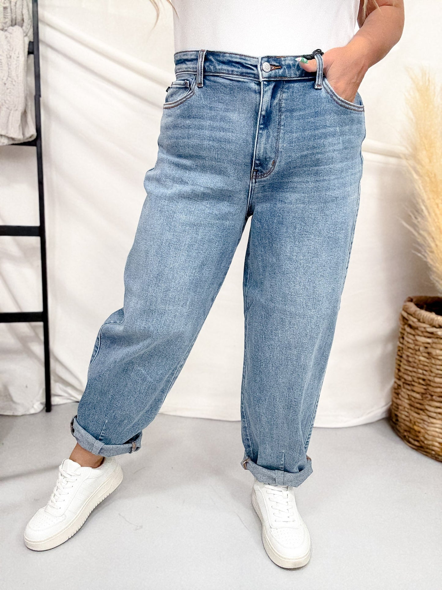 Judy Blue High Waist Barrel Leg Jeans - Whiskey Skies - JUDY BLUE