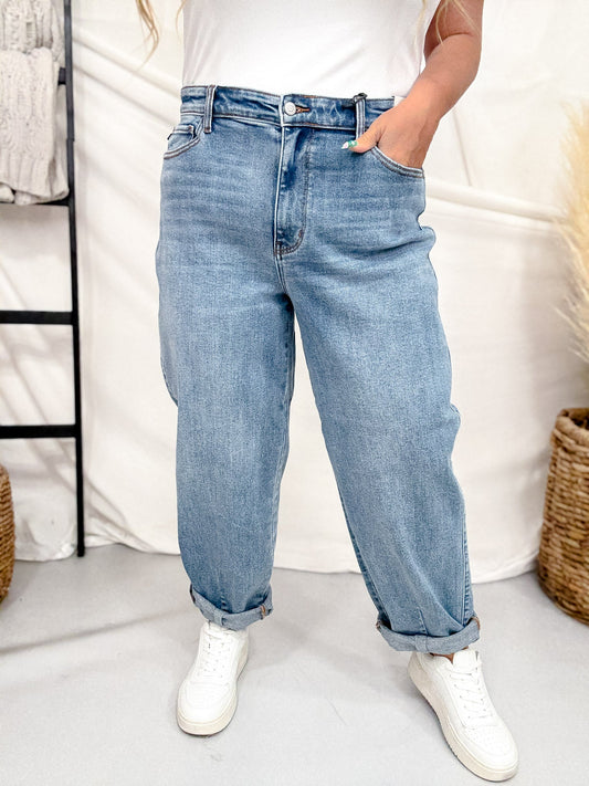 Judy Blue High Waist Barrel Leg Jeans - Whiskey Skies - JUDY BLUE