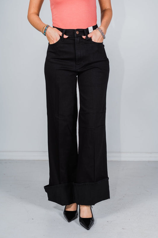 Judy Blue High Waist Black Retro Wide Leg Cuffed Jeans - Whiskey Skies - JUDY BLUE