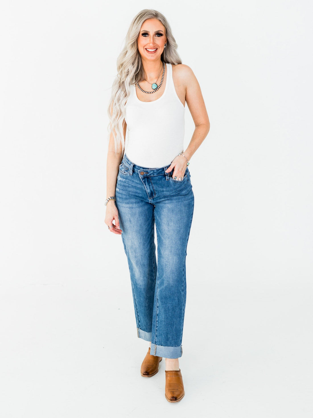 Judy Blue High - Waist Boyfriend Criss - Cross Waist Band Jeans - Whiskey Skies - JUDY BLUE