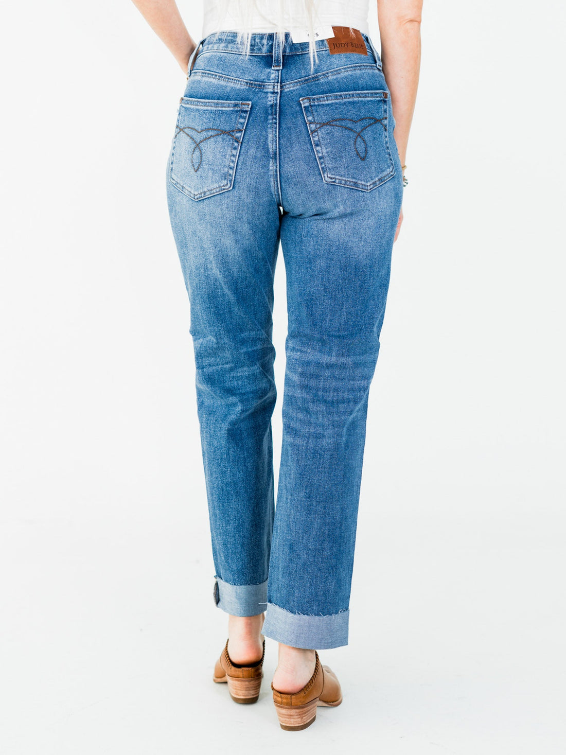 Judy Blue High - Waist Boyfriend Criss - Cross Waist Band Jeans - Whiskey Skies - JUDY BLUE