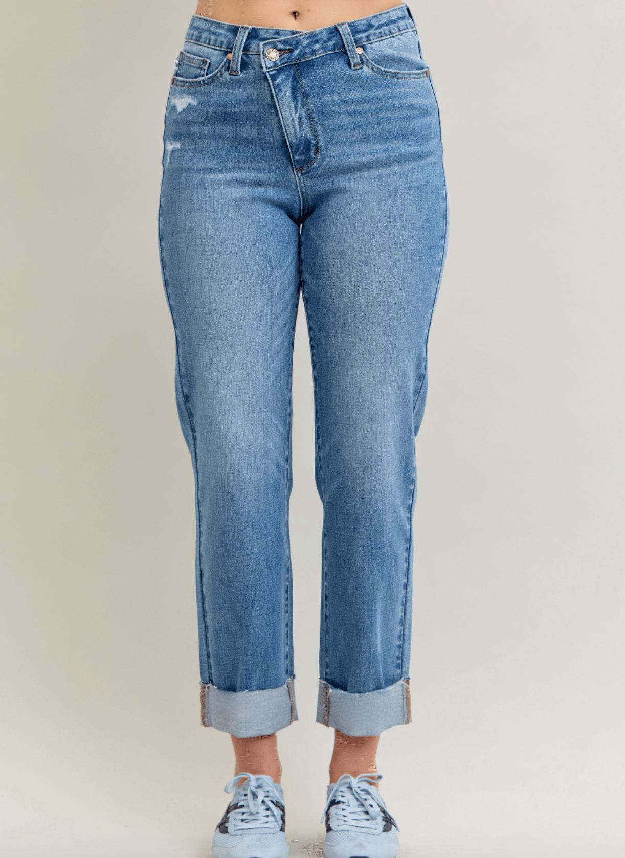 Judy Blue High - Waist Boyfriend Criss - Cross Waist Band Jeans - Whiskey Skies - JUDY BLUE