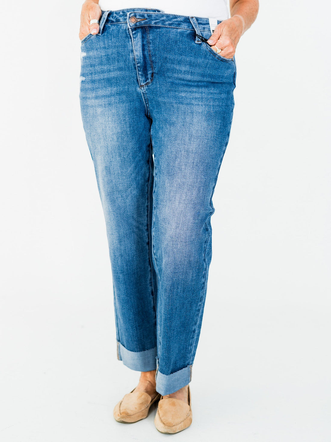 Judy Blue High - Waist Boyfriend Criss - Cross Waist Band Jeans - Whiskey Skies - JUDY BLUE