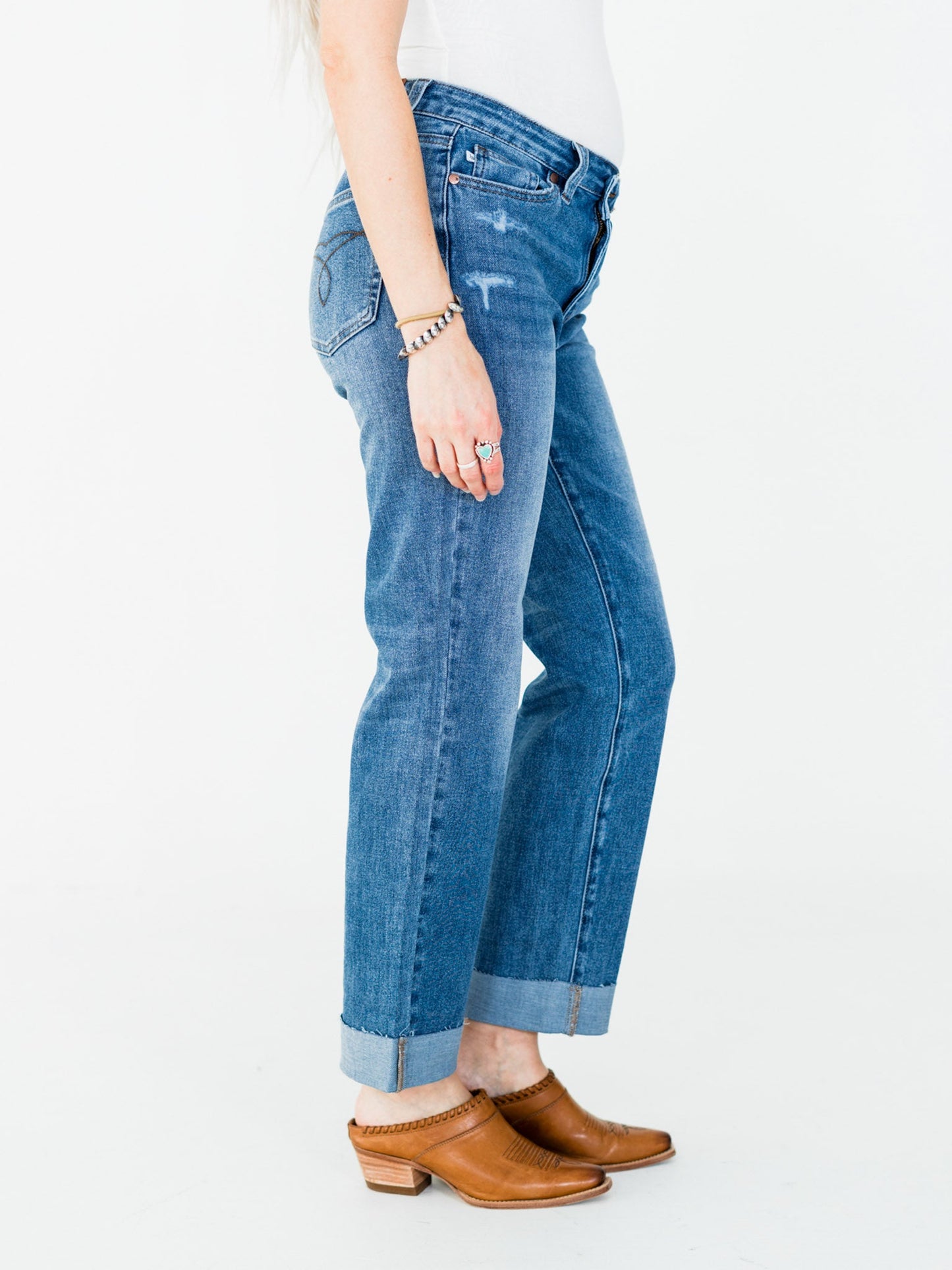 Judy Blue High - Waist Boyfriend Criss - Cross Waist Band Jeans - Whiskey Skies - JUDY BLUE