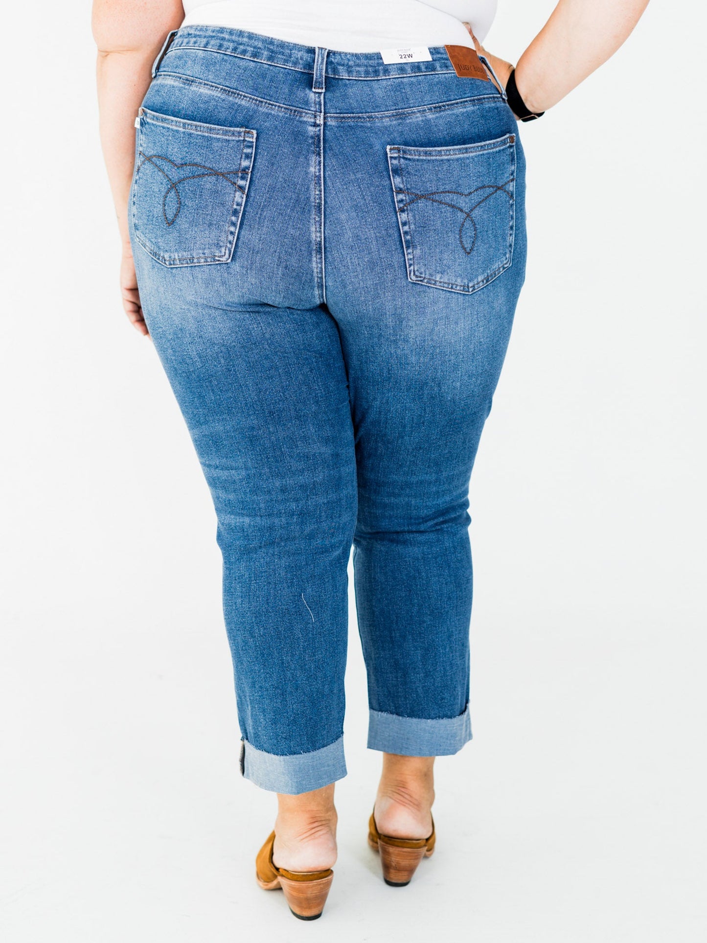 Judy Blue High - Waist Boyfriend Criss - Cross Waist Band Jeans - Whiskey Skies - JUDY BLUE