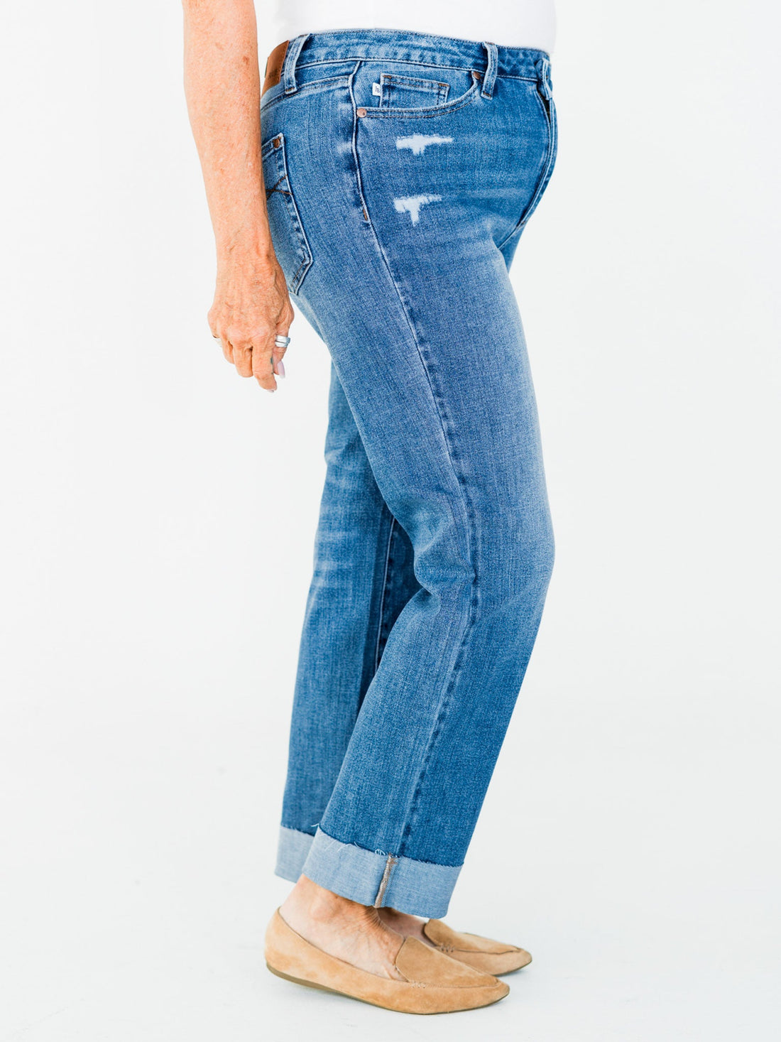 Judy Blue High - Waist Boyfriend Criss - Cross Waist Band Jeans - Whiskey Skies - JUDY BLUE