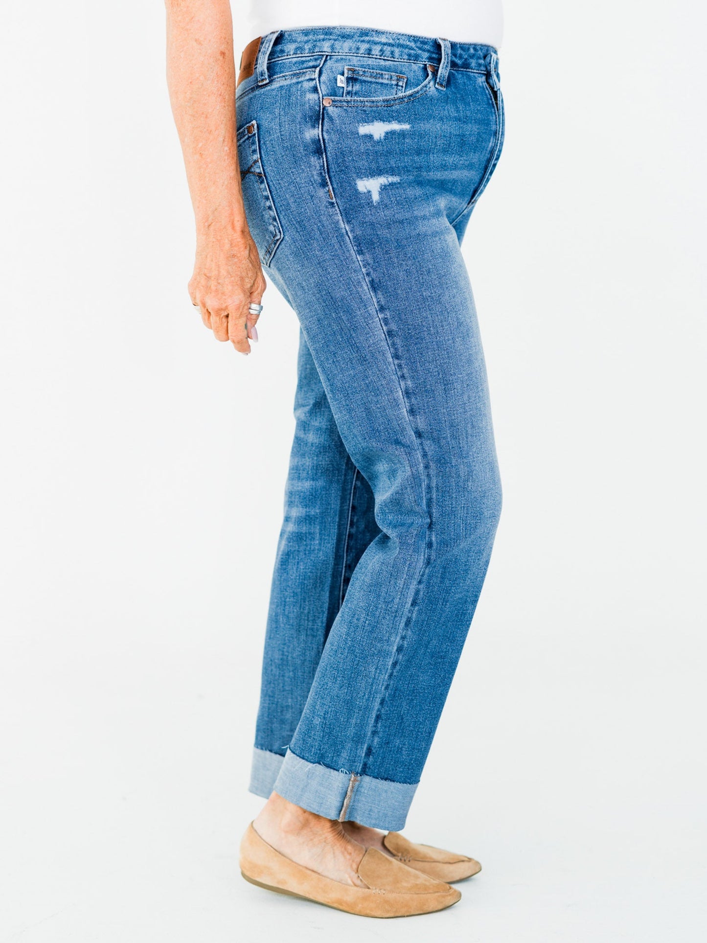 Judy Blue High - Waist Boyfriend Criss - Cross Waist Band Jeans - Whiskey Skies - JUDY BLUE
